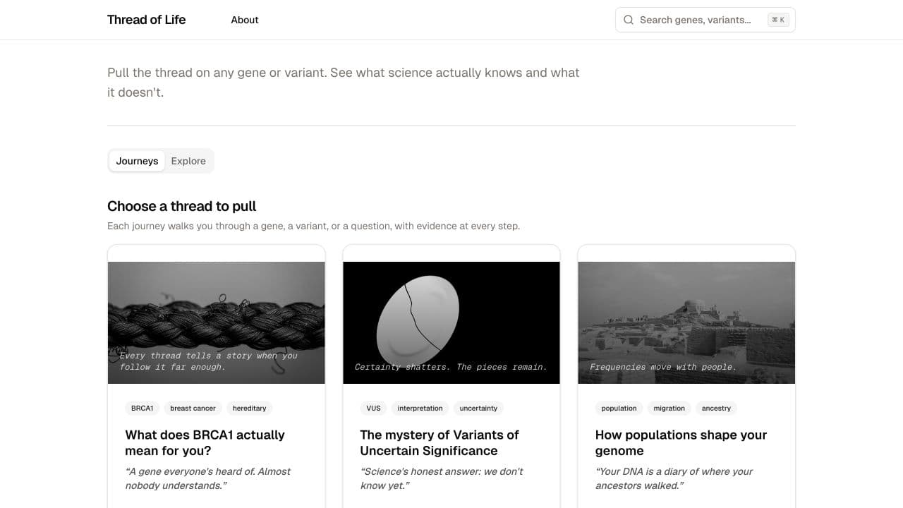 Thread of Life, with evidence-based journeys through genes and genetic variation